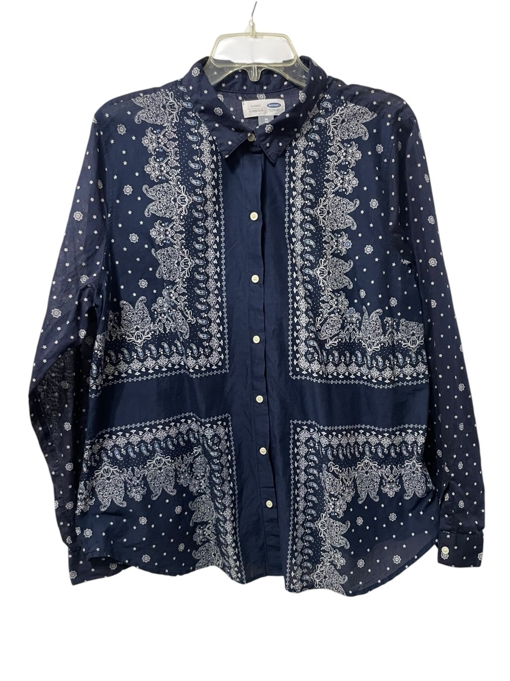 Old Navy bandana Itshi blue print long sleeve button-top boho western paisley XL
